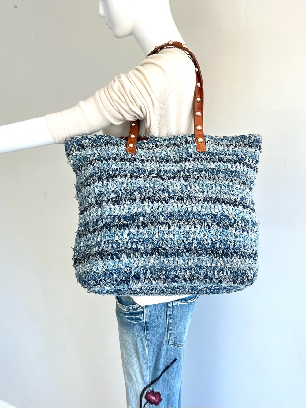 RED VALENTINO Gold Studs Woven Shaggy Denim Blue Tan Leather Shoulder Bag Tote